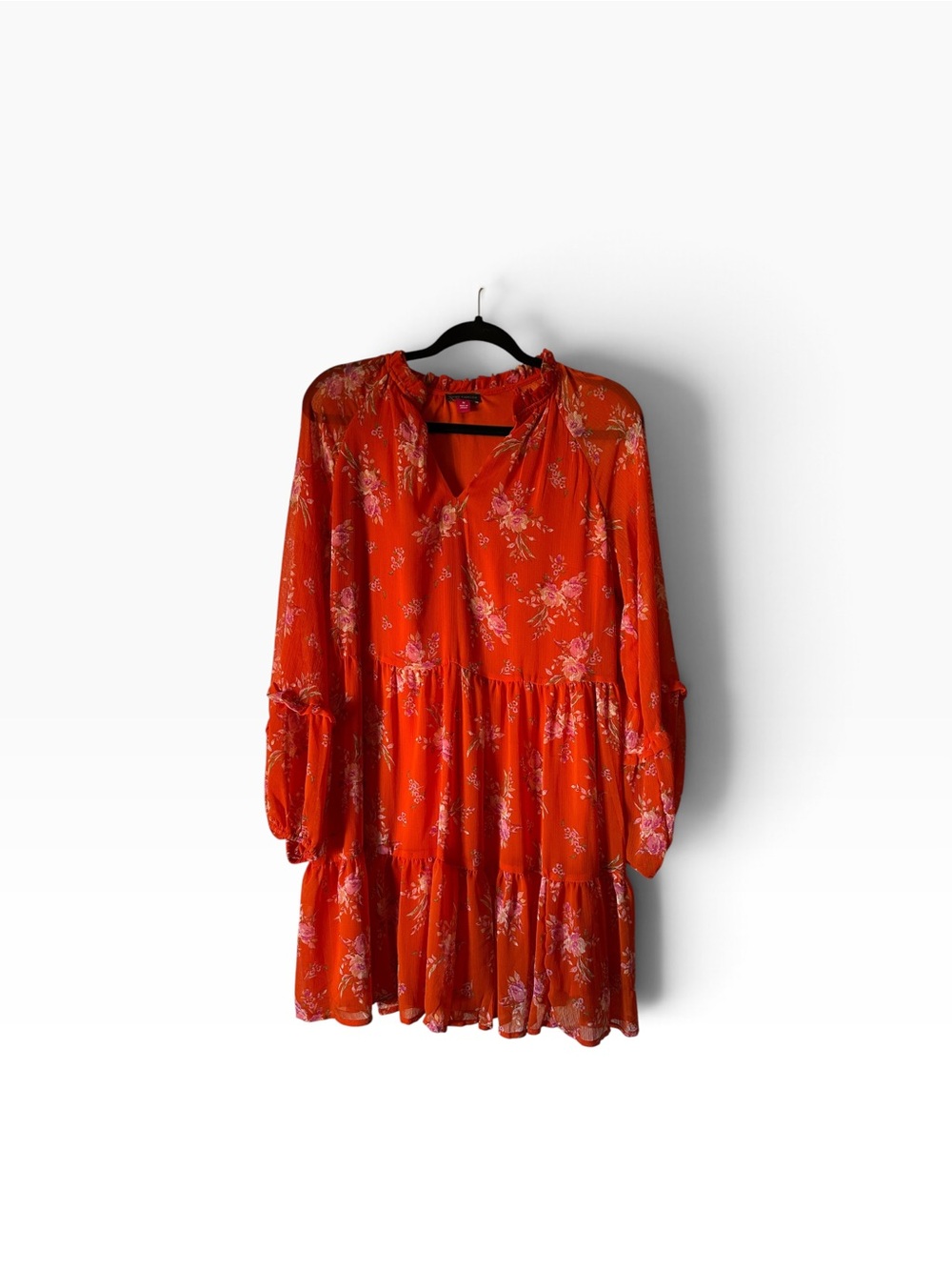Vince Camuto Orange Chiffon Floral Tiered V-Neck Long Sleeve Dress